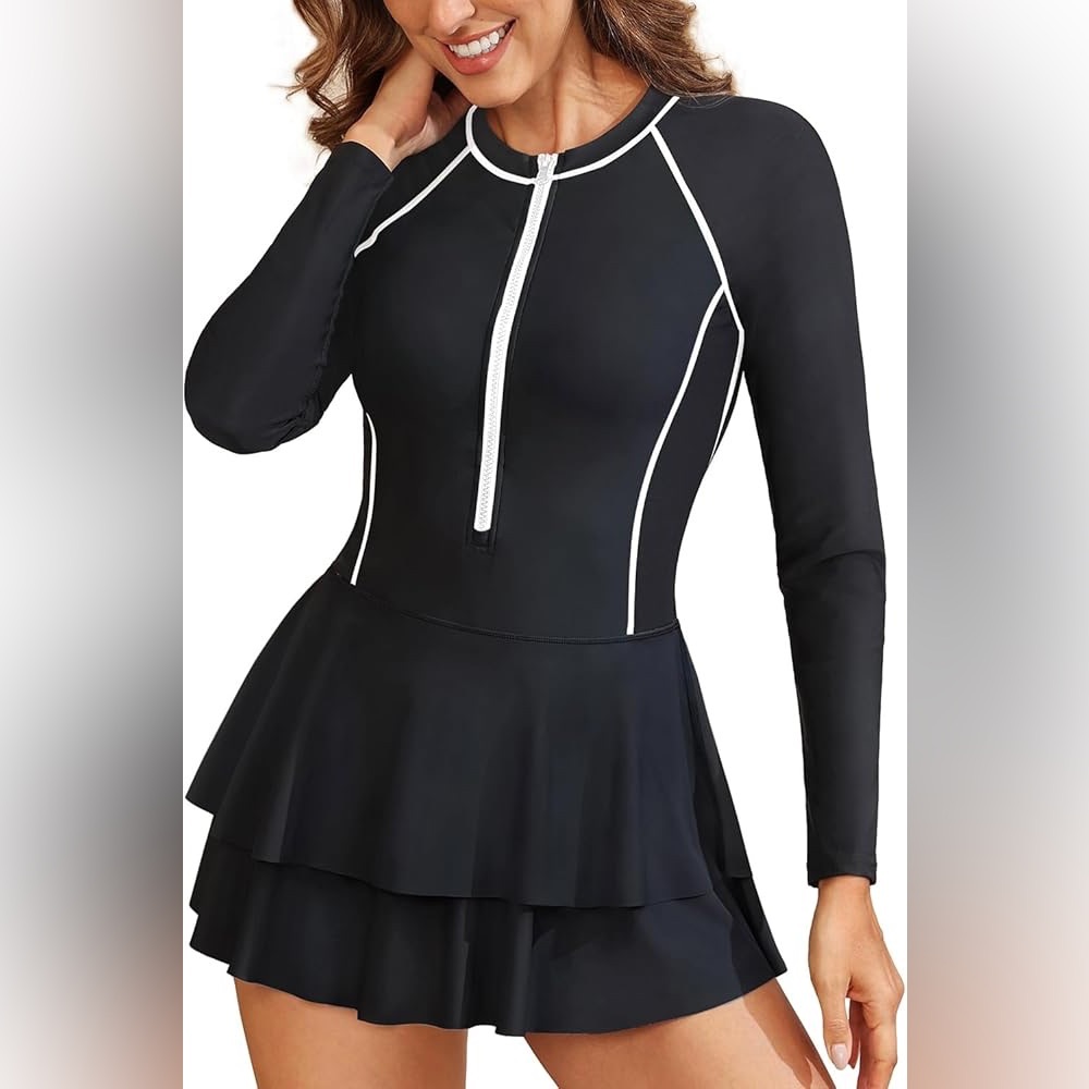 Daci Women's Long Sleeve One Piece Swimsuit Modest Dress Zipper Skirt-Shorts